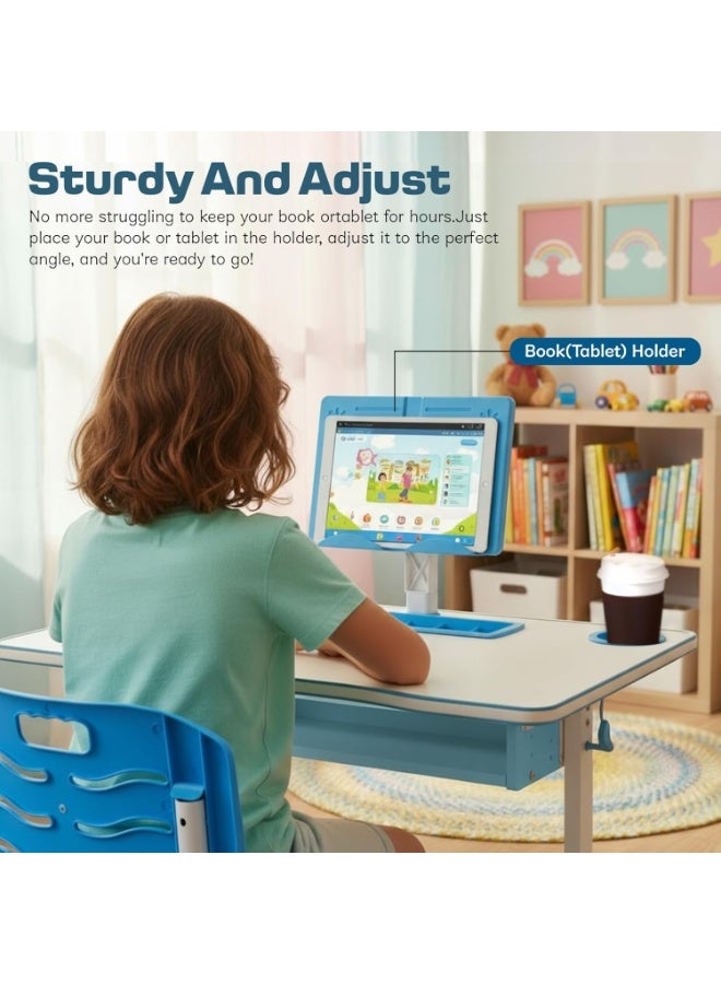 BAYBEE Childrens Study Table and Chair Set for Kids 2+ Years Boys & Girls | Height Adjustable Study Desk with Book Holder, Storage Drawer & Footrest | Ergonomic Kids Study Table for Reading & Writing Blue - Image 4